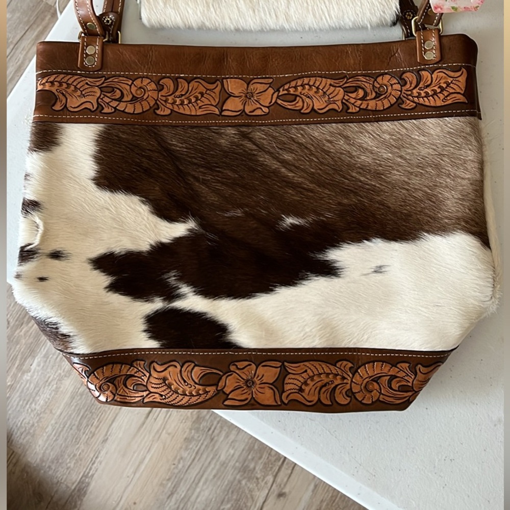 Brown and White Cowhide Leather Tote Bag